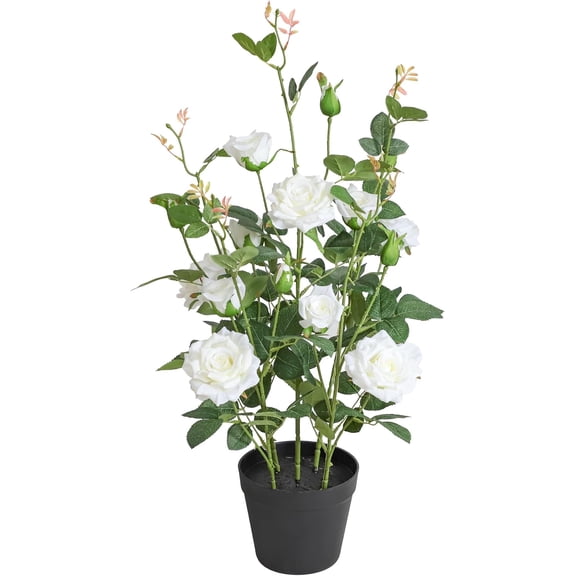 30Inch Artificial Rose Flower Trees, White Faux Rose Tree with Green Leaves for Home Outdoor Indoor Decor (1Pack)