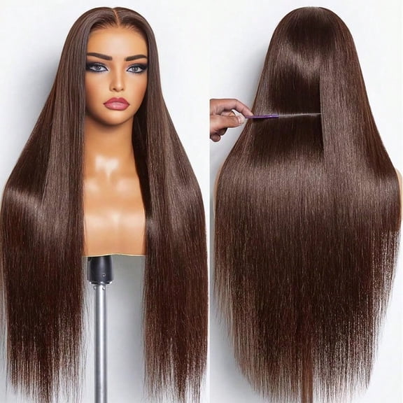 30Inch Brown Straight Human Hair Lace Front Wigs 13x4 HD Lace Frontal Closure Chocolate Human Hair Wig Pre Plucked With Baby Hair 180 Density Brazilian Virgin Human Hair Wigs For Women