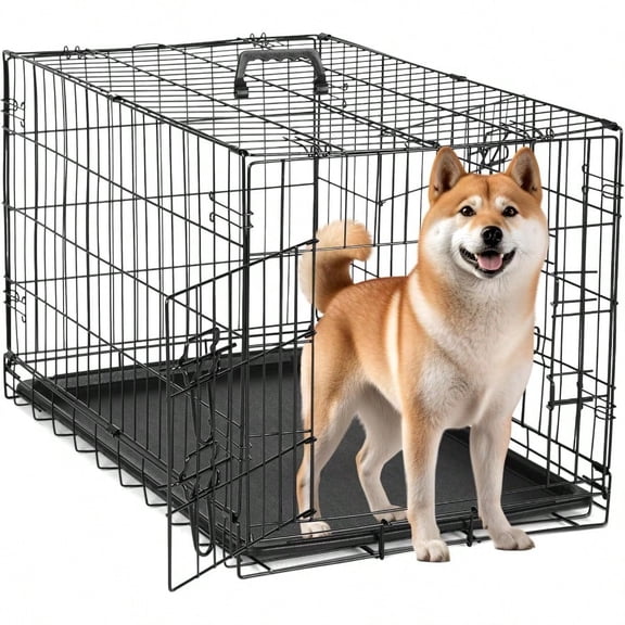 30Inch Medium Dog Crate with Divider Double Door Folding Metal Wire Cage with LeakProof Plastic Tray Portable Pet Kennel for Indoor Outdoor and Travel