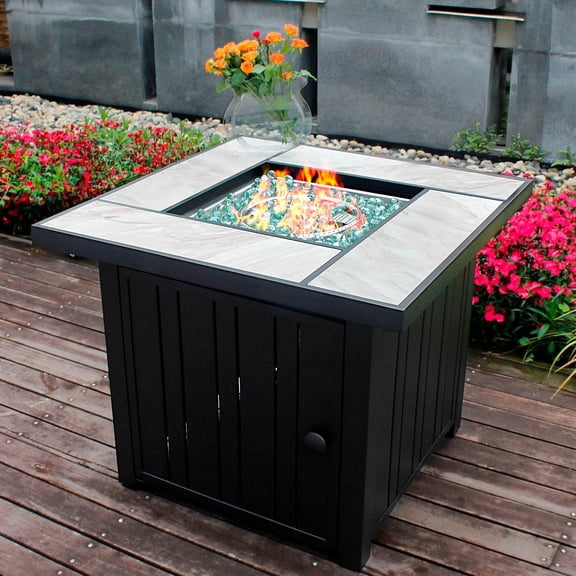 30Inch Propane Fire Pit with Real Ceramic Tabletop, 50000 BTU Gas Firepit Table with Lid & Glass Rock, Outdoor Fire Pit for Dining or Party