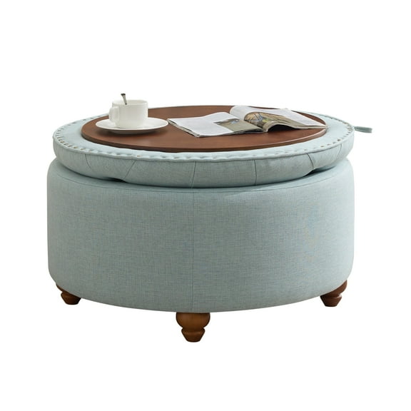 30Inch Round Storage Ottoman with Tray, Modern Tufted Fabric Circle Coffee Table with Storage, Upholstered Ottoman with Removable Top for Living Room, Bedroom, Blue