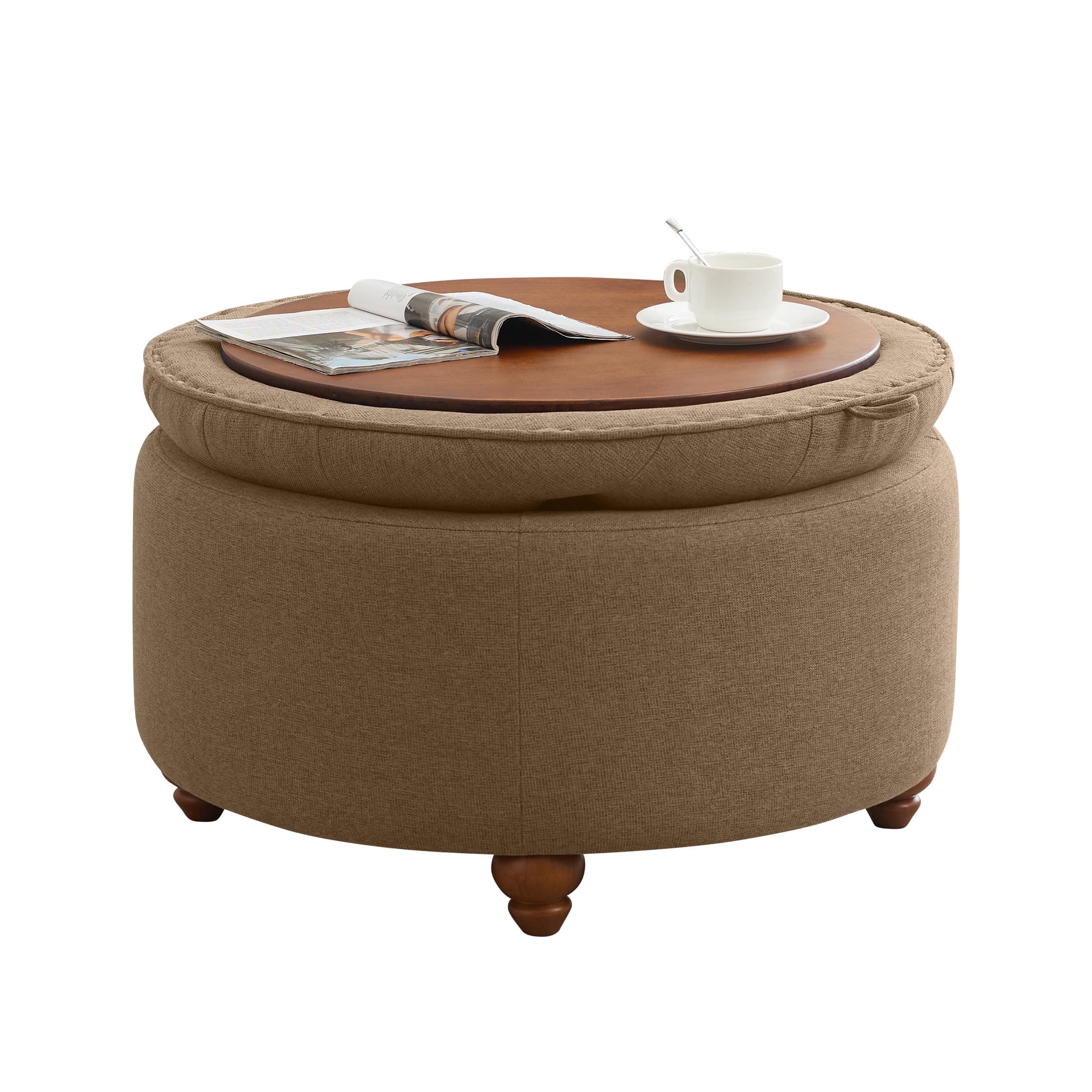 30Inch Round Storage Ottoman with Tray, Modern Tufted Fabric Circle Coffee Table with Storage, Upholstered Ottoman with Removable Top for Living Room, Bedroom, Brown