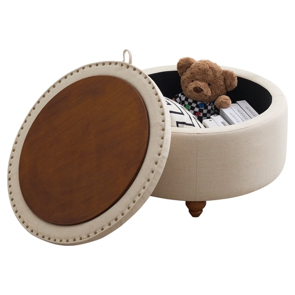 30Inch Round Storage Ottoman with Tray, Modern Tufted Fabric Circle Coffee Table with Storage, Upholstered Ottoman with Removable Top for Living Room, Bedroom, Khaki