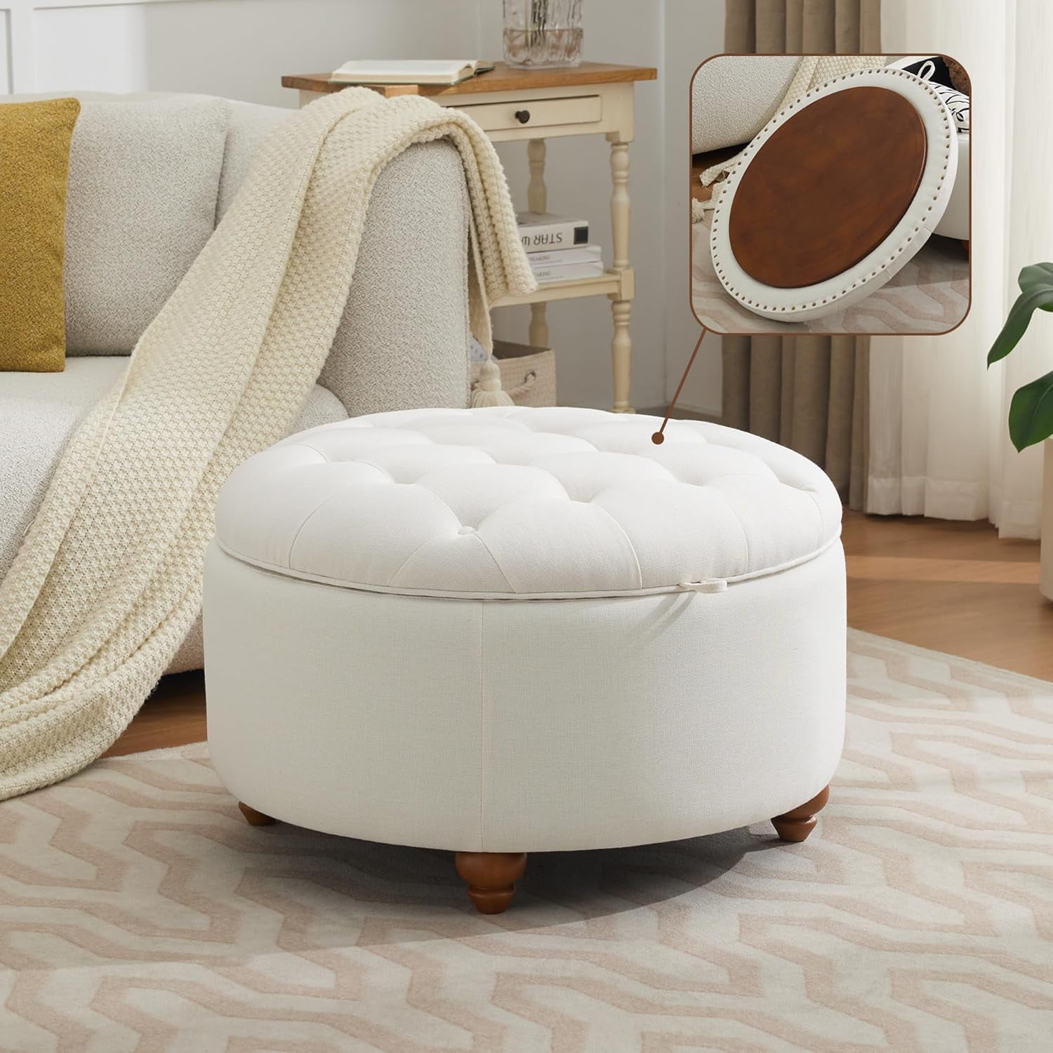 30Inch Round Storage Ottoman with Tray, Modern Tufted Fabric Circle ...