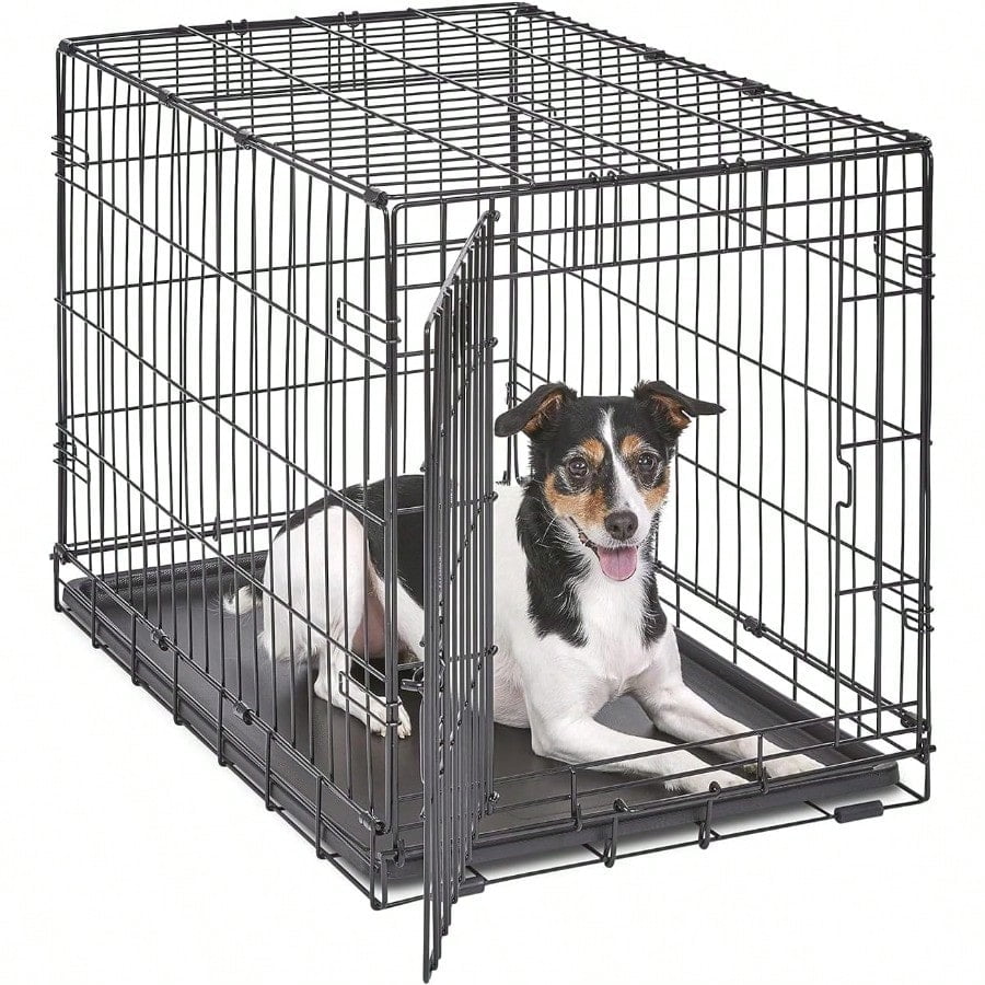 30Inch iCrate Folding Dog Crate with Divider Panel LeakProof Tray Secure Latches Metal Wire Kennel for Medium Breeds Portable Durable Easy to Assemble