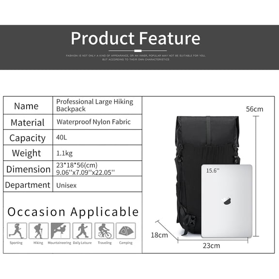 30L+10L Extra Large Capacity Hiking Backpack, Internal Frame Camping Backpack, Upgraded X-PAC Lightweight Sport Daypack for Mountain Climbing and Travel (Black)