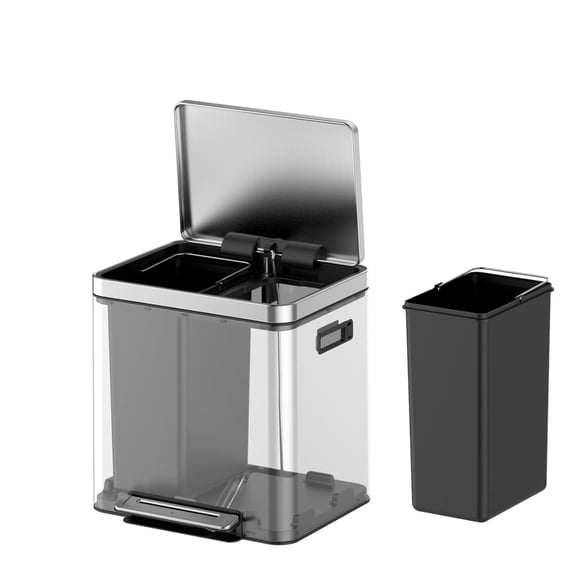 30L/8 Gallon Dual Trash Can, Rectangular Waste Basket with Metal Lid & Step Foot Pedal, Double Compartment Classified Garbage Can, Stainless Steel Trash Can with Removable Inner Bucket
