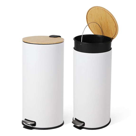 30L/8 Gallon Step Trash Can with Bamboo Lid, Slim Round Stainless Steel Garbage Can, Soft Close, Removable Inner Bucket/Liner, for Kitchen Bathroom Office, White