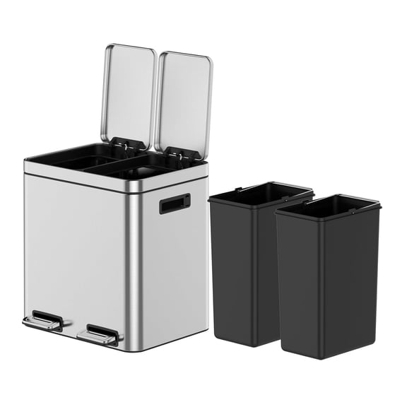 30L/8 Gallon Triple Compartment Trash Can, 2 x 15L Recycling Bin, Stainless Steel Kitchen Garbage Can with 2 Removable Plastic Inner Buckets, Hinged Lids, Waste Sorting, Silver