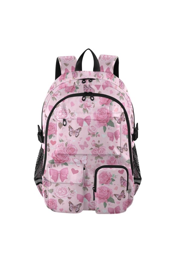 30L Backpack Durable Computer Bag for College & Travel Lightweight Daypack Fits 15.6" Laptop Pink Roses and Butterflies