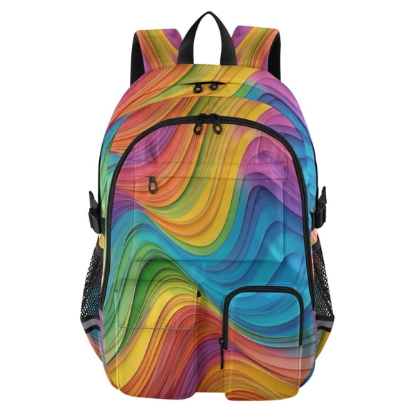 30L Backpack Durable Computer Bag for College & Travel Lightweight Daypack Fits 15.6" Laptop Rainbow Wavy Lines