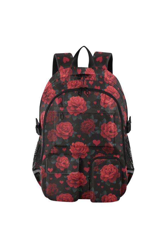 30L Backpack Durable Computer Bag for College & Travel Lightweight Daypack Fits 15.6" Laptop Red Roses and Hearts Pattern
