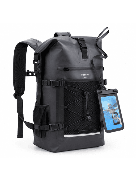 30L Black Waterproof Roll-Top Backpacking Backpack with Dry Bag Protection