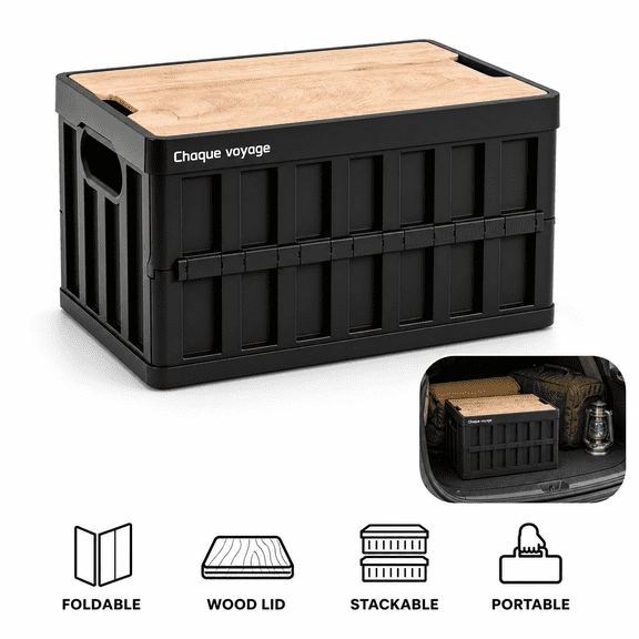 30L Collapsible Storage Box with Wood Lid, Stackable Folding Crate for Camping, Car Trunk Organizer 17.3" x 11.8"