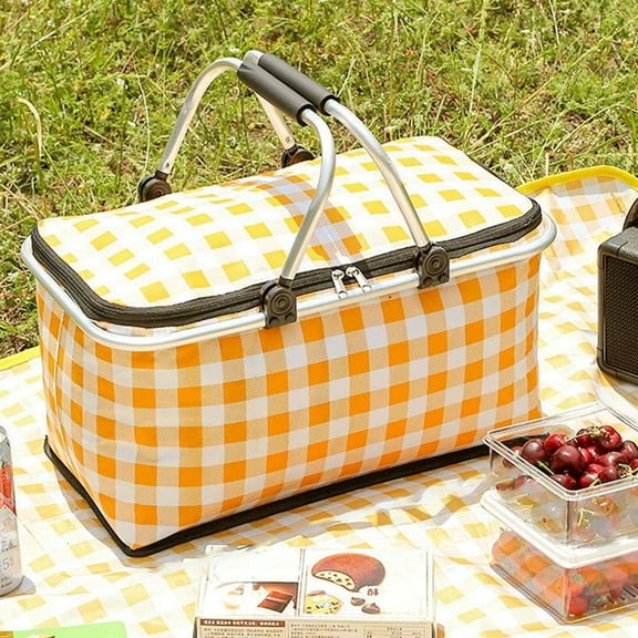 30L Insulated Picnic Basket - Foldable Cooler Bag for Beach/Camping with Aluminum Handles, Leakproof Thermal Grocery Tote for Travel, Tailgating & Farmers Market (Multicolor)