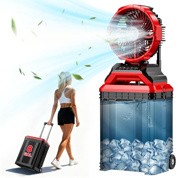 Open Box 30L Portable Misting Fan with Wheels, 30000mAh Rechargeable Battery Operated Fan, 11" Large Outdoor Fan with Dual Misting Nozzles, 90 Auto-Oscillation, Solar Charging Ready, for Patio, Jobsite