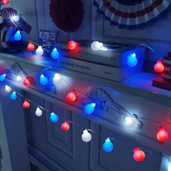 30LED Red White Blue Ball String Lights Battery Powered 10ft Copper Wire Fairy Decorative Lights with Remote for Bedroom Indoor Outdoor Wedding Nursery Party Christmas Decor