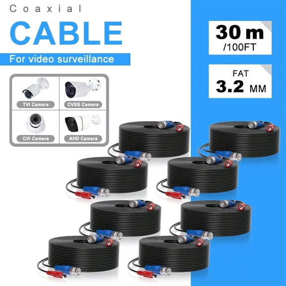 30M/100ft All-in-One Video Power Cables 8 Pack, BNC Extension Surveillance Camera Cables for CCTV Security DVR System Installation