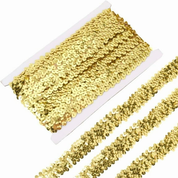 30MM Gold Sequin Trim Elastic Flat Sequins Beaded Ribbon Spangle Metallic Glitter Braid Lace Strip Trimming Bulk for Sewing Making Crafts Dresses Costume Clothes Wedding Home Decor