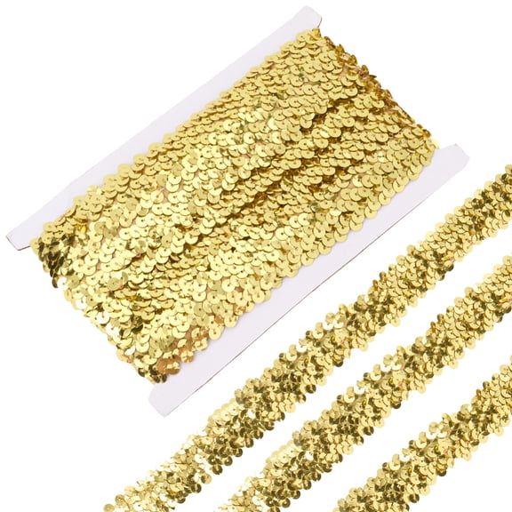 30MM Gold Sequin Trim Elastic Flat Sequins Beaded Ribbon Spangle Metallic Glitter Braid Lace Strip Trimming Bulk for Sewing Making Crafts Dresses
