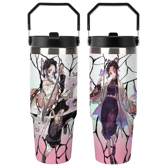 30OZ Demon Cartoon Shi-No-Bu Butterfly Sla-y-er Tumbler with Handle Vacuum Insulated Stainless Steel Thermal Cup Keeps Drinks Cold & Hot Travel Coffee Mug with Flip Straw