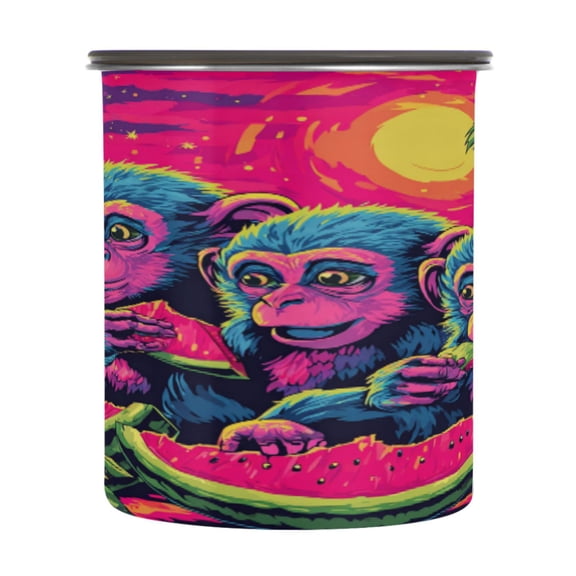 30OZ Food Storage Can - Keep Coffee Tea Flour & More Fresh - Ideal for Cereal Nuts & Pet Food Cute Monkeys Eating Watermelon