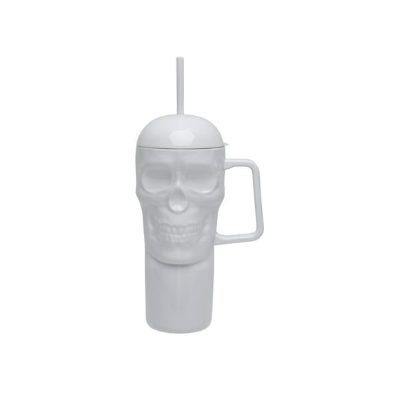 Way To Celebrate 30 Ounce Acrylic Skull Shape Tumbler with Straw and Handle, Matte White