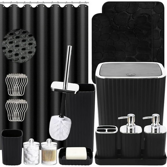 30PC Bathroom Accessories Set - Gorgeous Black Bathroom Set, Bathroom Accessory Set, Black Shower Curtain Set with Shower Caddies