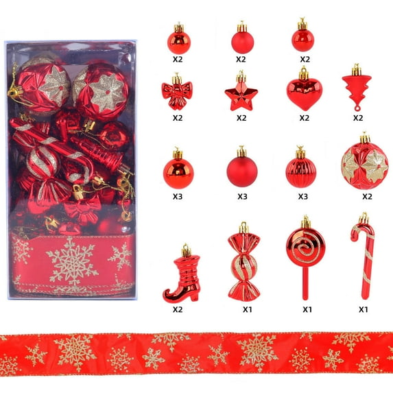 30PC Christmas Painted Assorted Shape Candy Cane Ball Ribbon Ornament Set Festive Hanging Decorations for Xmas Tree Home Party Mantel Holiday Decor