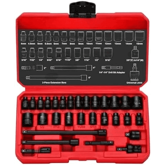 30PCS 1/4 Drive Magnetic Shallow Impact Socket Set, 6 Point, CR-MO, SAE & Metric, Include Extension Bars, Socket & Hex shank Adapters, Universal Joint$$Tools & Hardware Other