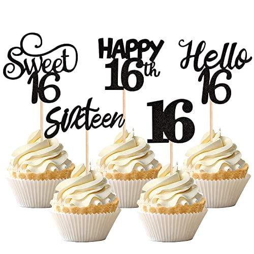 30PCS 16th Birthday Cupcake Toppers Glitter Sixteen Happy 16th Cupcake Picks Hello Sweet 16 Cake Decorations for 16th Birthday Anniversary Party Decorations Supplies Black