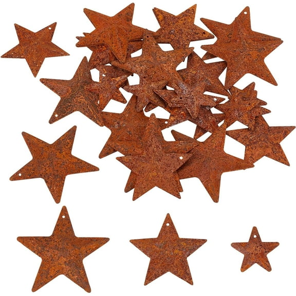 30PCS 3 Sizes Metal Rusty Barn Star 1 Inch 1.5 Inch 2 Inch Mini Hanging Star Antique Primitives Rustic Country Tin Steel Stars Accents for DIY Crafts Vintage Farmhouse Home Door Wall Decor