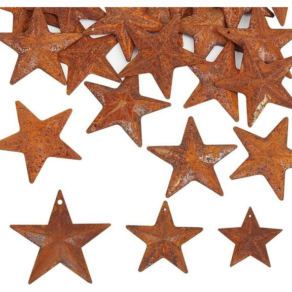 30PCS 3 Sizes Rusty Metal Barn Star 1.5" 2" 2.5" Vintage Primitives Country Decor Tin Steel Stars with Holes Rustic Ornament Original Retro Accents for Patriotic 4th of July Xmas Mixed Color