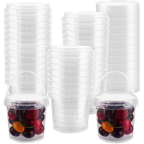 30PCS 34 oz Plastic Ice Cream Containers, Clear Buckets with Lids and Handles, 1000ml Cocktail Rum Buckets for Snacks Deli Fruits, Drinks