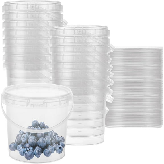 30PCS 34 oz Plastic Ice Cream Containers, Clear Buckets with Lids and Handles, 1000ml Cocktail Rum Buckets for Snacks Deli Fruits, Drinks