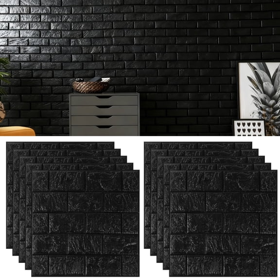 30PCS 3D Peel and Stick Brick Wallpaper, 11.8" x 11.8" Black Wall Panels Peel and Stick, Waterproof Brick 3D Wallpaper for Bedroom, Living Room, TV Wall Decor