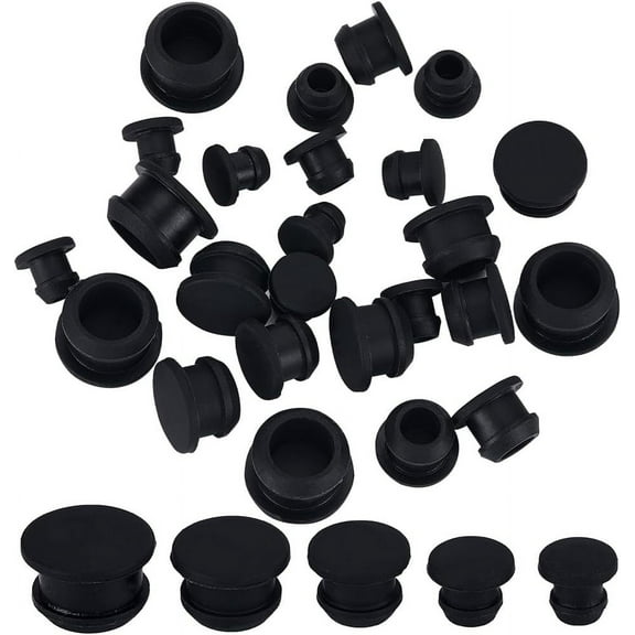 30PCS 5 Sizes Black Silicone Stoppers for DIY Salt and Pepper Shakers 15/64 9/32 23/64 7/16 33/64 Inch Salt Plug Stopper Replacement Bottle Caps Reusable Round End Cap Corks for DIY Bottles