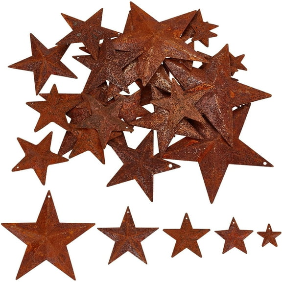 30PCS 5 Sizes Metal Rusty Barn Star 1/1.5/2/ 2.4/3.75 Inch Antique Primitives Rustic Country Tin Steel Stars Mini Hanging Star for DIY Crafts Vintage Farmhouse Home Door Wall Decor