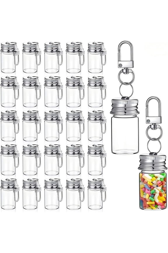 30PCS 7ml 0.23oz Small Clear Glass Bottles Keychains Tiny Vials with Aluminum Cap Screw Top Lids for DIY Crafts Art Decor Travel Containers