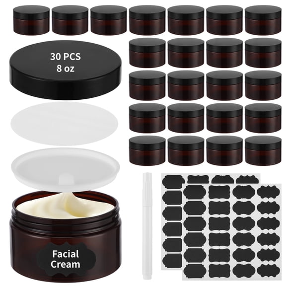 30PCS 8oz Plastic Lotion Containers with Lids, Refillable Amber Cosmetic Jar, Empty Round Sample Container for Cream Lotion Travel