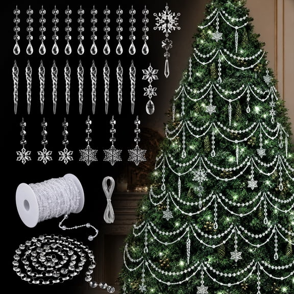 30Pcs Christmas Crystal Ornaments & Bead Garland Set, Clear Acrylic Snowflake Icicle Ornaments with Drop Pendants for Xmas Tree & Winter Decor