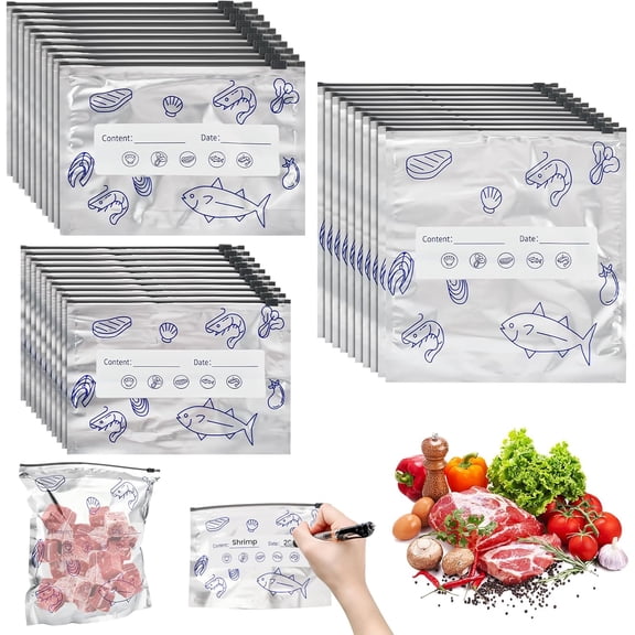 30PCS Aluminum Storage Bags For Freezer, Reusable Thicken Foil Vacuum-Seal Pouches with Label and Zip Lock for Food