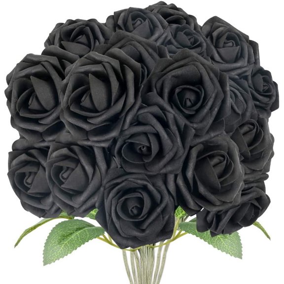 30PCS Artificial Flowers, Faux Black Roses for Halloween Party and Gothic Decoration