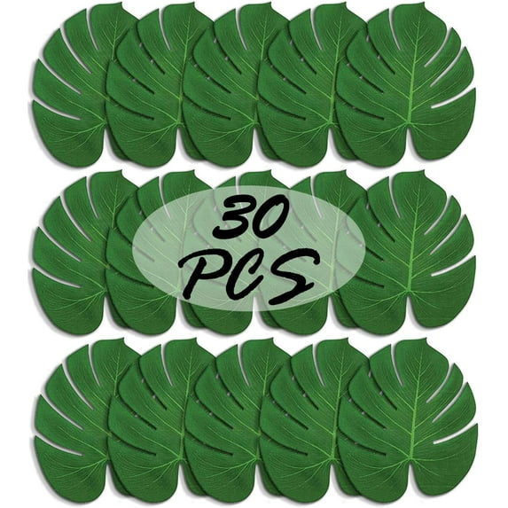 Dalrosia 30PCS Artificial Palm Leaves, Tropical Faux Leaves Green Faux Monstera Leaves for Hawaiian Luau Jungle Party Safari Birthday Table Decorations