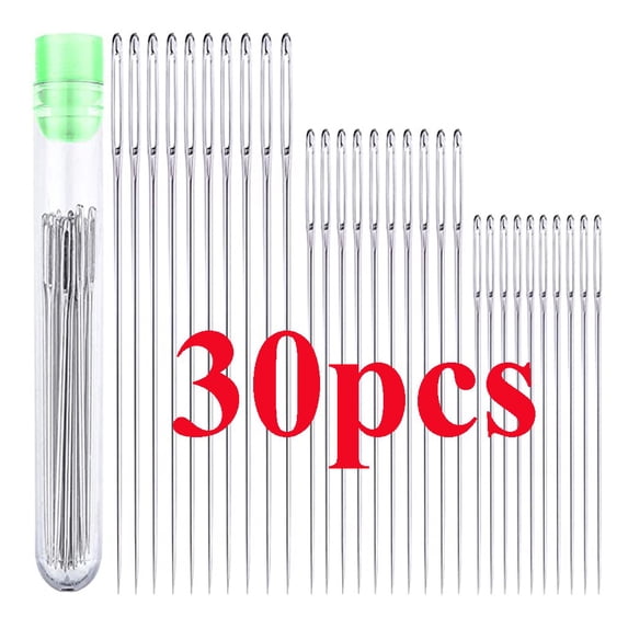 30PCS Big Eye Hand Sewing Needles – Stainless Steel Large-Eye Needles in 3 Sizes (40/50/61mm) for Quilting, Leather, Canvas, Shoe Repair & Heavy Duty Sewing – Includes Storage Tube