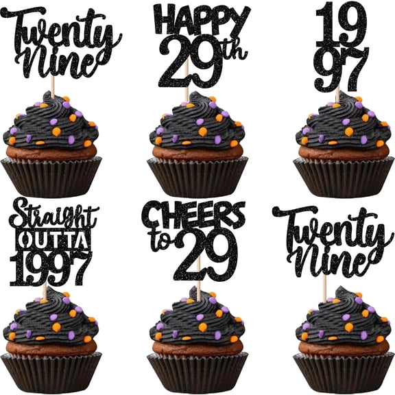 30PCS Black 29th Birthday Cupcake Toppers Glitter Twenty Nine Happy 29th Straight Outta 1997 Cupcake Picks for Cheers to 29 Years Birthday Wedding Anniversary Party Cake Decorations Supplies