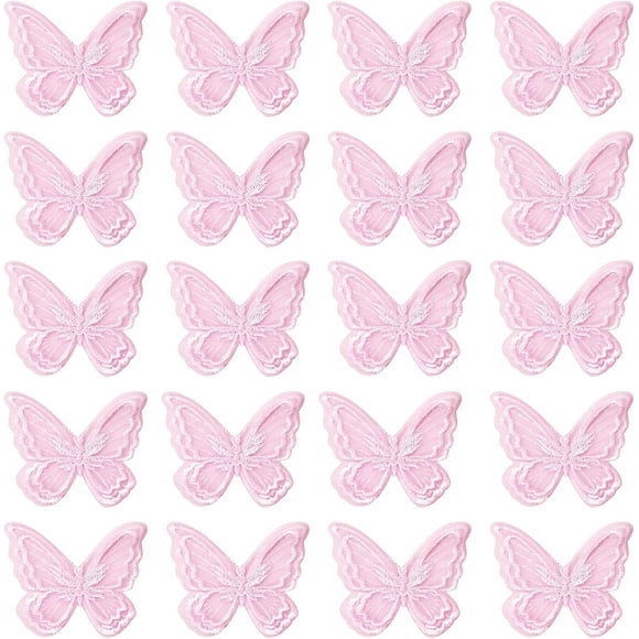 30PCS Butterfly Lace Trim Double Layers Organza Pink Butterfly Lace Fabric Sewing Embroidery Applique Patches for DIY Craft Wedding Bride Hair Accessories Dress Curtain