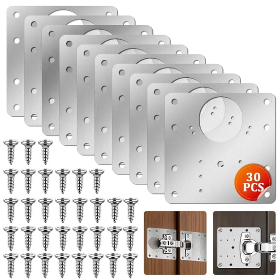 30PCS Cabinet Hinge Repair Plates Kit, Stainless Steel Hinge Repair Brackets with 180 Screws, Furniture Fixing Plates for Kitchen Cupboard Door Locker Cabinet Door (30 Plates + 180 Screws)