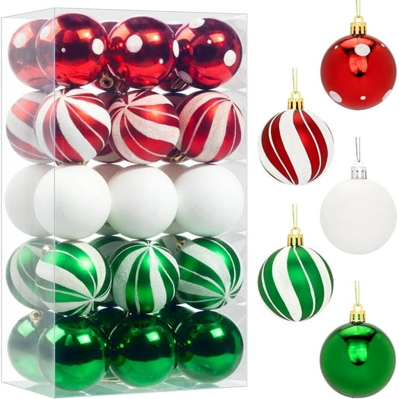 30PCS Christmas Balls Ornaments, 2.36" Red Green White Xmas Balls Decoration, Shatterproof Christmas Balls Ornaments for Christmas Tree, Painting & Glittering Hanging Ball for Party Event