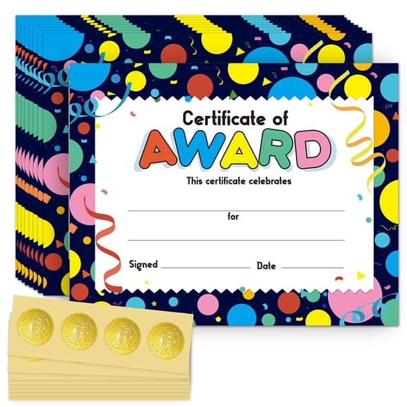 30PCS Colorful Dots Certificates of Achievement Completion Award Recognition Paper with 32Pcs Gold Seal Stickers 9.8"x7.8" Blank Student Certificates